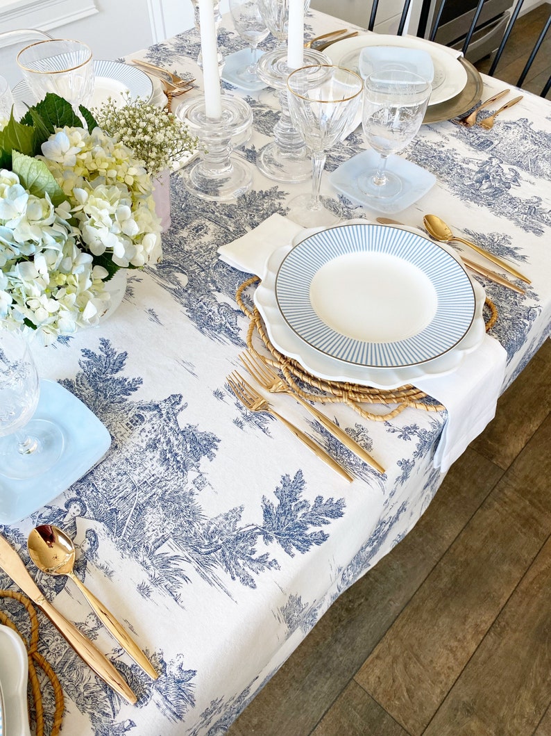 Italian Washed Cotton Blue Toile Baby Shower Tablecloth Blue White Dusty Blue French Toile Extra Wide Extra Long Round Square