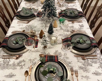 Italian Washed Cotton Toile Tablecloth | Black & White Tablecloth, French Toile, Christmas, Thanksgiving, Extra-wide, Extra-long