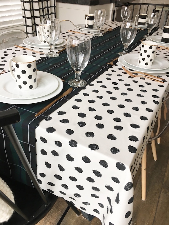 Polka Dot Tablecloth | Black and White Tablecloth, Christmas Tablecloth, Holiday Table Linens, Holiday Tablecloth, Polka Dot Print Linen