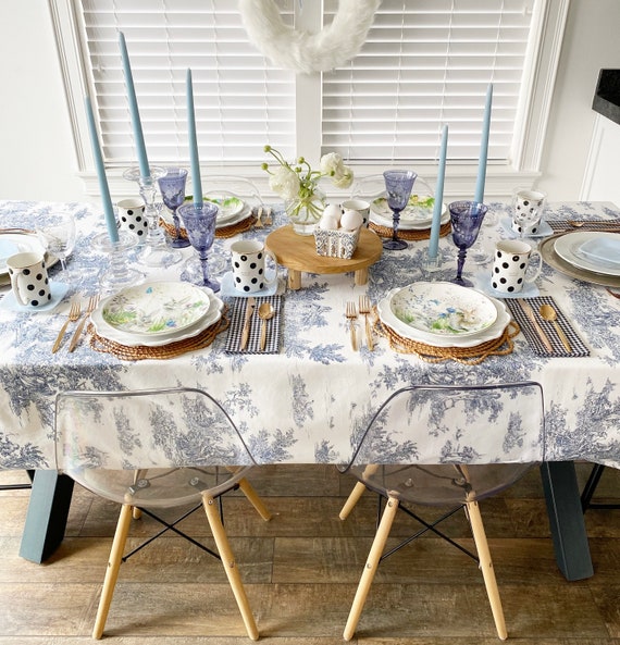 Italian Washed Cotton Blue Toile Easter Tablecloth | Spring, Blue & White, Dusty Blue, French Toile, Extra Wide, Extra Long, Round, Square