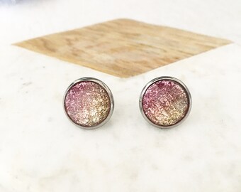 Festive earrings in pink and gold, resin cabochons, stainless steel