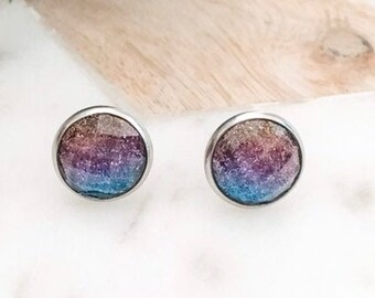 Festive blue and gold purple earrings, resin cabochons, stainless steel