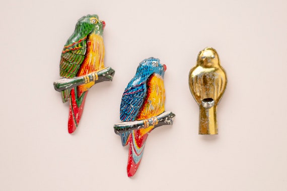 Vintage Litho Tin Bird Brooches & Whistle / Old S… - image 1