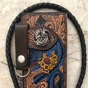 Geschnitzte Leder Herren Biker Brieftasche Kette Drachen punziert Leder Bifold Brieftasche Western Cowboy Brieftasche Geschenk für ihn Geschenk für Männer Geschenk für Papa