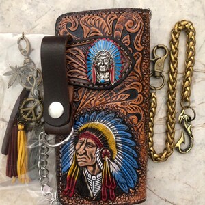 Geschnitzte Leder Herren Biker Brieftasche Kette Indigener Häuptling Punzierte Leder Bifold Brieftasche Western Cowboy Brieftasche Geschenk für Ihn Geschenk für Männer