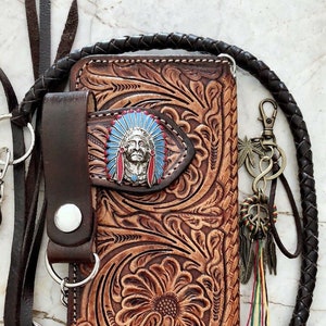 Cartera de motociclista de cuero tallado para hombre, billetera plegable de cuero con diseño floral, billetera estilo vaquero occidental, regalo para él, regalo para hombre, regalo para papá.
