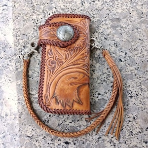 Cartera de motociclista de cuero tallado para hombre, billetera plegable de cuero con águila y cadena, billetera de vaquero occidental, regalo para él, regalo para hombres, regalo para papá