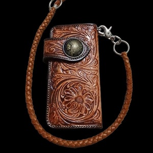Carved Leather Mens Biker Wallet Flower Carved Wallet Bifold Wallet Western Cowboy Wallet Anniversary Gift for Him Gift for Men Gift for Dad