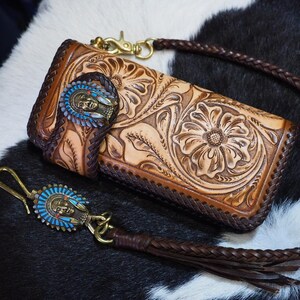 Cartera de motociclista de cuero tallado para hombre, billetera plegable de cuero con diseño floral, billetera estilo vaquero occidental, regalo para él, regalo para hombre, regalo para papá.