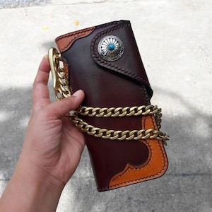 Cartera de motociclista de cuero con cadena, billetera plegable para hombre, billetera de cuero hecha a mano, billetera con cadena, billetera larga, regalo de motociclista para graduados, regalo para hombres, regalo para él