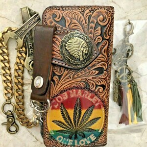 Geschnitzte Leder Herren Biker Brieftasche Kette Floral punziert Leder Bifold Brieftasche Western Cowboy Brieftasche Geschenk für ihn Geschenk für Männer Geschenk für Papa