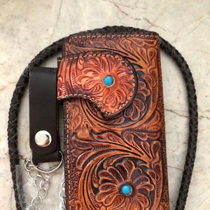 Geschnitzte Leder Herren Biker Brieftasche Kette Foral Punzierte Leder Bifold Brieftasche Western Cowboy Brieftasche Geschenk für ihn Geschenk für Männer Geschenk für Papa