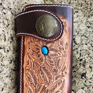 Carteira de couro esculpida masculina estilo motociclista, corrente, couro com estampa floral, carteira dobrável estilo cowboy, presente para ele, presente para homens, presente para o pai