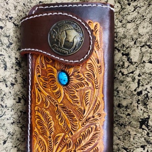 Geschnitzte Leder Herren Biker Brieftasche Kette Floral punziert Leder Bifold Brieftasche Western Cowboy Brieftasche Geschenk für ihn Geschenk für Männer Geschenk für Papa