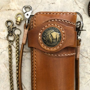 Cartera de motociclista de cuero con cadena, billetera plegable para hombre, billetera de cuero hecha a mano, billetera con cadena, billetera larga, regalo de motociclista para graduados, regalo para hombres, regalo para él