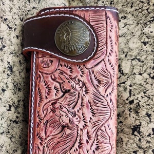 Geschnitzte Leder Herren Biker Brieftasche Kette Floral punziert Leder Bifold Brieftasche Western Cowboy Brieftasche Geschenk für ihn Geschenk für Männer Geschenk für Papa
