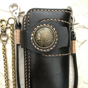 Cartera de motociclista de cuero con cadena, billetera plegable para hombre, billetera de cuero hecha a mano, billetera con cadena, billetera larga, regalo de motociclista para graduados, regalo para hombres, regalo para él