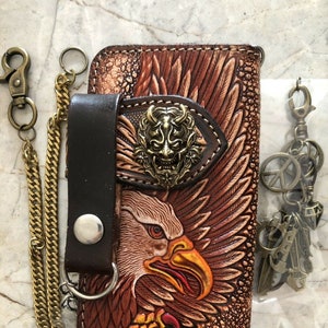 Carteira de couro esculpida masculina estilo motociclista, corrente de águia, carteira de couro com duas dobras, carteira de cowboy ocidental, presente para ele, presente para homens, presente para o pai