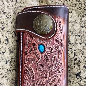 Cartera de motociclista de cuero tallado para hombre, billetera plegable de cuero con diseño floral, billetera estilo vaquero occidental, regalo para él, regalo para hombre, regalo para papá.