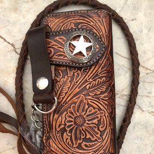 Geschnitzte Leder Herren Biker Brieftasche Kette Floral punziert Leder Bifold Brieftasche Western Cowboy Brieftasche Geschenk für ihn Geschenk für Männer Geschenk für Papa