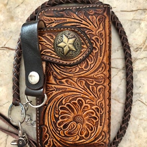 Cartera de motociclista de cuero tallado para hombre, billetera plegable de cuero con diseño floral, billetera estilo vaquero occidental, regalo para él, regalo para hombre, regalo para papá.