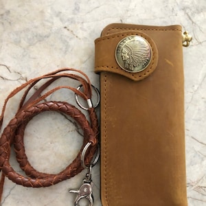 Carteira de couro estilo motociclista com corrente, carteira masculina dobrável, feita à mão, com cordão de couro, carteira longa, presente de motociclista para formatura, presente para homens, presente para ele