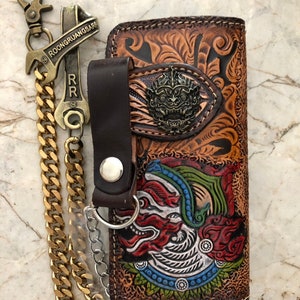 Carteira de couro esculpida masculina estilo motociclista, com corrente, carteira de couro com ferramentas demoníacas, carteira de cowboy ocidental, presente para ele, presente para homens, presente para o pai