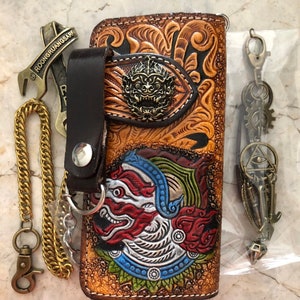 Geschnitzte Leder Herren Biker Brieftasche Kette Dämon punziert Leder Bifold Brieftasche Western Cowboy Brieftasche Geschenk für ihn Geschenk für Männer Geschenk für Papa