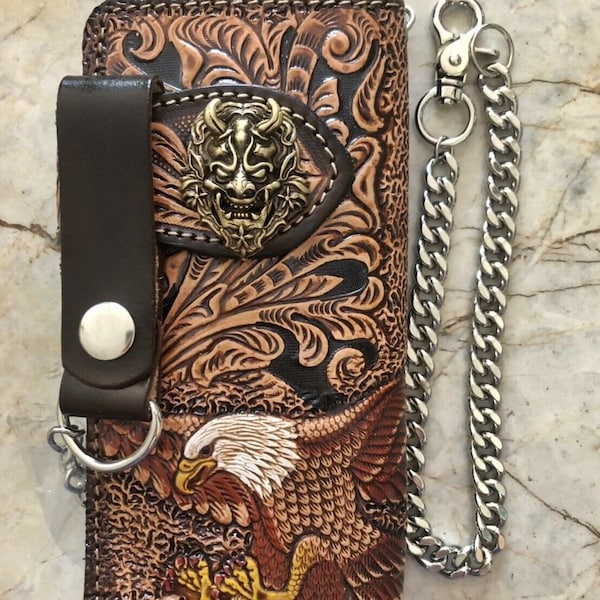 Carved Leather Biker Wallet Chain Eagle Carved Wallet Bifold Western Cowboy Wallet Anniversary Gift for Him Gift for Men,Gift for Dad