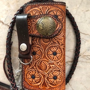 Geschnitzte Leder Herren Biker Brieftasche Kette Floral punziert Leder Bifold Brieftasche Western Cowboy Brieftasche Geschenk für ihn Geschenk für Männer Geschenk für Papa