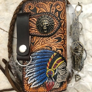 Geschnitzte Leder Herren Biker Brieftasche Kette Indigener Häuptling Punzierte Leder Bifold Brieftasche Western Cowboy Brieftasche Geschenk für Ihn Geschenk für Männer