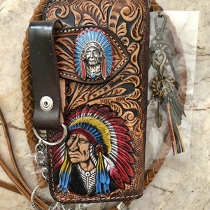 Geschnitzte Leder Herren Biker Brieftasche Kette Indigener Häuptling Punzierte Leder Bifold Brieftasche Western Cowboy Brieftasche Geschenk für Ihn Geschenk für Männer
