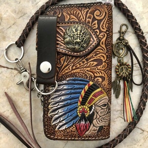 Geschnitzte Leder Herren Biker Brieftasche Kette Indigener Häuptling Punzierte Leder Bifold Brieftasche Western Cowboy Brieftasche Geschenk für Ihn Geschenk für Männer