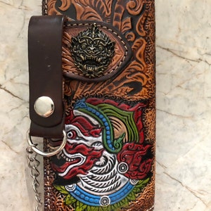 Geschnitzte Leder Herren Biker Brieftasche Kette Dämon punziert Leder Bifold Brieftasche Western Cowboy Brieftasche Geschenk für ihn Geschenk für Männer Geschenk für Papa