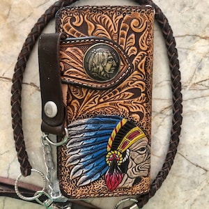 Geschnitzte Leder Herren Biker Brieftasche Kette Indigener Häuptling Punzierte Leder Bifold Brieftasche Western Cowboy Brieftasche Geschenk für Ihn Geschenk für Männer