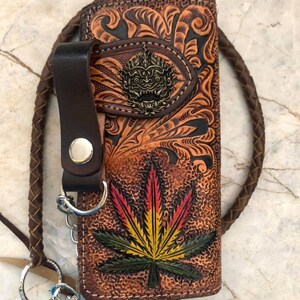 Cartera de motociclista de cuero tallado para hombre, billetera plegable de cuero con diseño floral, billetera estilo vaquero occidental, regalo para él, regalo para hombre, regalo para papá.