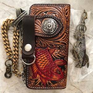 Geschnitzte Leder Herren Biker Brieftasche Kette Karpfen Fisch Punzierte Leder Bifold Brieftasche Western Cowboy Brieftasche Geschenk für ihn Geschenk für Männer Geschenk für Papa