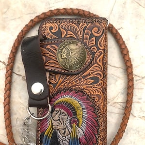 Carteira de couro esculpida masculina estilo motociclista, corrente, chefe indígena, carteira de couro com duas dobras, carteira de cowboy ocidental, presente para ele, presente para homens