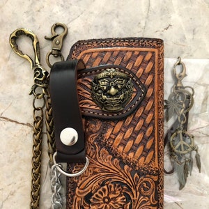 Geschnitzte Leder Herren Biker Brieftasche Kette Floral punziert Leder Bifold Brieftasche Western Cowboy Brieftasche Geschenk für ihn Geschenk für Männer Geschenk für Papa