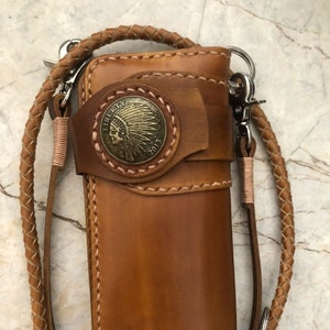 Cartera de cuero estilo motero con cadena para hombre, billetera plegable hecha a mano con cordón de cuero, billetera larga, regalo para motero, regalo para graduado, regalo para hombre, regalo para él.