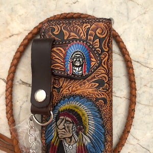 Geschnitzte Leder Herren Biker Brieftasche Kette Indigener Häuptling Punzierte Leder Bifold Brieftasche Western Cowboy Brieftasche Geschenk für Ihn Geschenk für Männer