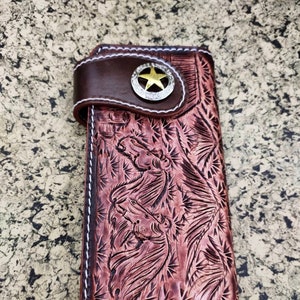 Cartera de motociclista de cuero tallado para hombre, billetera plegable de cuero con diseño floral, billetera estilo vaquero occidental, regalo para él, regalo para hombre, regalo para papá.