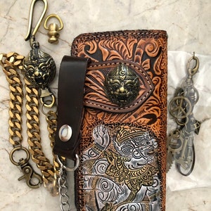Cartera de motociclista de cuero tallado para hombre, billetera plegable de cuero con cadena de demonio, billetera de vaquero occidental, regalo para él, regalo para hombres, regalo para papá