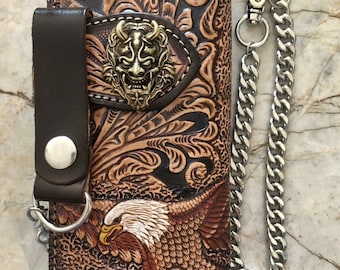 Geschnitztes Leder Biker Portemonnaie Kette Adler Geschnitzt Portemonnaie Bifold Western Cowboy Portemonnaie Jahrestag Geschenk für Ihn