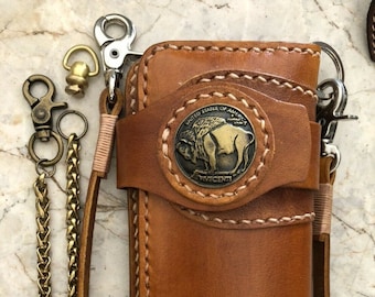 レザーバイカーウォレットチェーン メンズ二つ折り財布 ハンドメイド