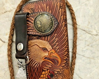 Carved Leather Mens Biker Wallet Chain Eagle Tooled Leather Bifold Wallet Western Cowboy Wallet Gift for Him Gift for Men Gift for Dad