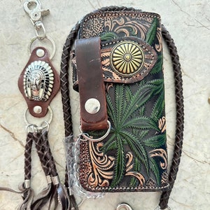 Geschnitzte Leder Herren Biker Brieftasche Kette Floral punziert Leder Bifold Brieftasche Western Cowboy Brieftasche Geschenk für ihn Geschenk für Männer Geschenk für Papa