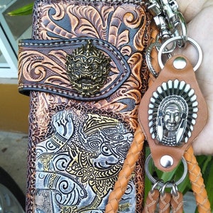 Geschnitzte Leder Herren Biker Brieftasche Kette Dämon punziert Leder Bifold Brieftasche Western Cowboy Brieftasche Geschenk für ihn Geschenk für Männer Geschenk für Papa