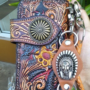 Geschnitzte Leder Herren Biker Brieftasche Kette Drachen punziert Leder Bifold Brieftasche Western Cowboy Brieftasche Geschenk für ihn Geschenk für Männer Geschenk für Papa