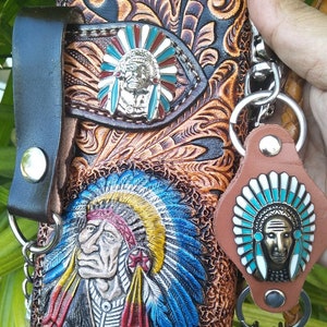 Geschnitzte Leder Herren Biker Brieftasche Kette Indigener Häuptling Punzierte Leder Bifold Brieftasche Western Cowboy Brieftasche Geschenk für Ihn Geschenk für Männer